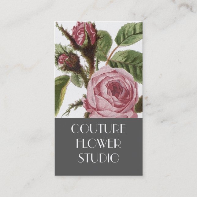 Grey Pink Vintage Rose Florist Business Cards (Front)
