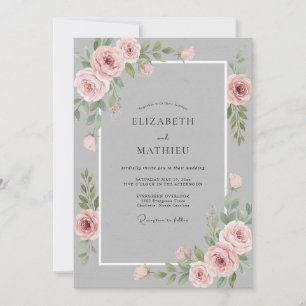 Grey Pink Watercolor Floral Wedding Invitation