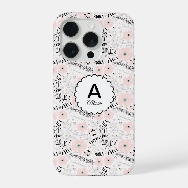 Grey Pink Whimsical Flowers Monogram iPhone Case (Back)