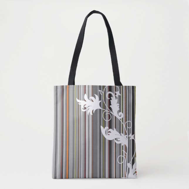 Grey Pinstripe and Floral Design Tote Bag (Front)