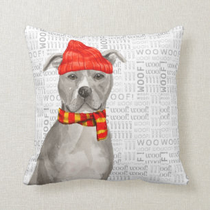Grey Pit Bull Terrier Watercolor Christmas Throw Pillow