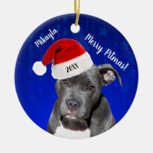 Grey Pit Bull with Santa Hat Merry  Pitmas Ceramic Ceramic Ornament