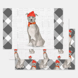 Grey Pitbull Staffordishire Christmas Dog Plaid Wrapping Paper Sheet