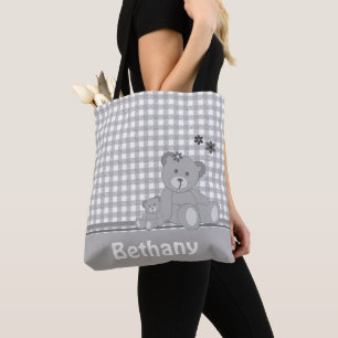 Grey Plaid and Cute Teddy Bears Personalised Tote Bag