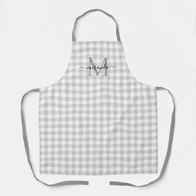 Grey Plaid Apron with Monogram & Name (Front)