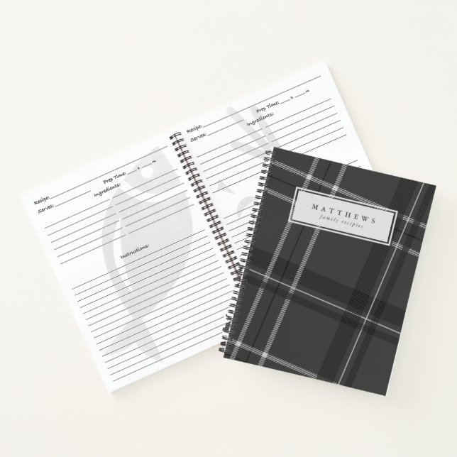 Grey plaid personalized family recipe notebook (Inside)