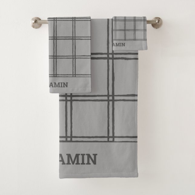 Grey Plaid Personalized Name Masculine Bathroom Bath Towel Set (Insitu)