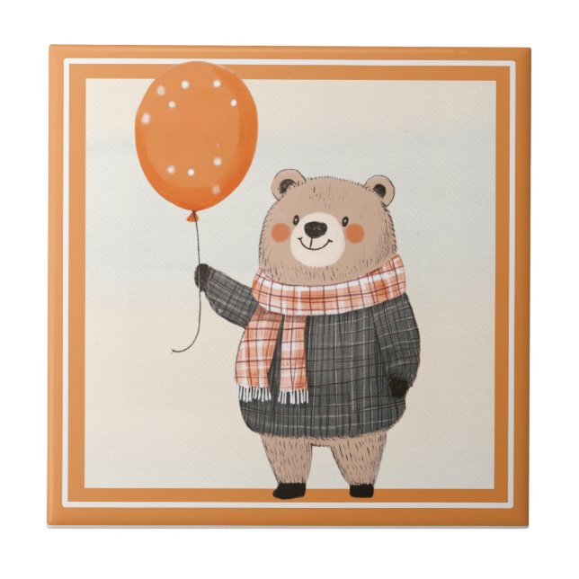 Grey Plaid Sweater Bear with Orange Plaid Scarf Tile (Front)