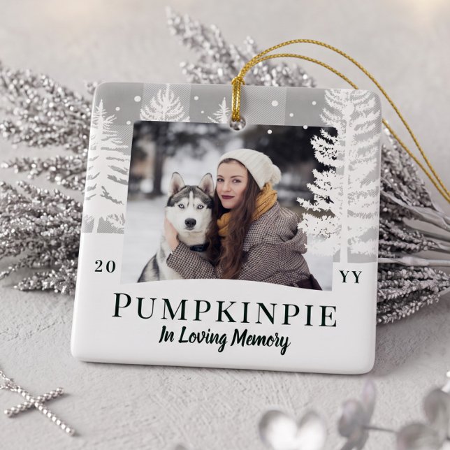 Grey Plaid Winter Pine Tree Pet Memorial Photo Ceramic Ornament (Grey Plaid Winter Pine Tree Pet Memorial Photo Ceramic Ornament)