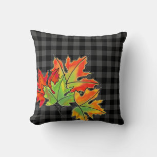Grey Plaid with Fall Maple Leaves Throw Pillow