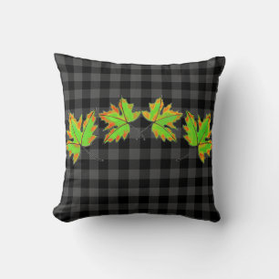 Grey Plaid with Fall Maple Leaves Throw Pillow