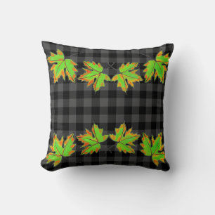 Grey Plaid with Fall Maple Leaves Throw Pillow