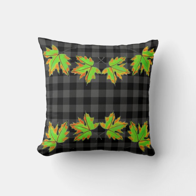 Grey Plaid with Fall Maple Leaves Throw Pillow (Front)