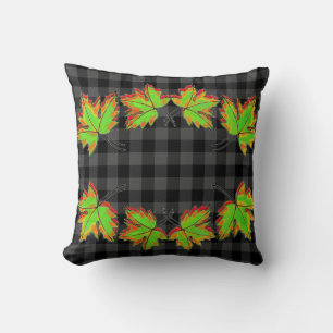 Grey Plaid with Fall Maple Leaves Throw Pillow