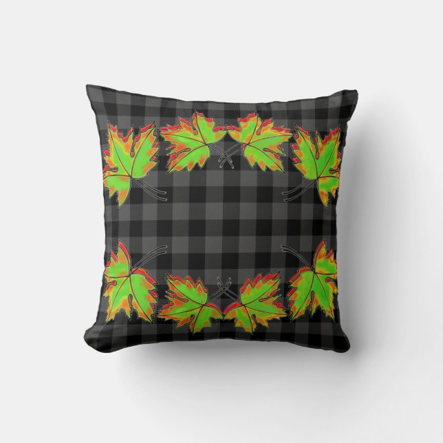 Grey Plaid with Fall Maple Leaves Throw Pillow (Front)