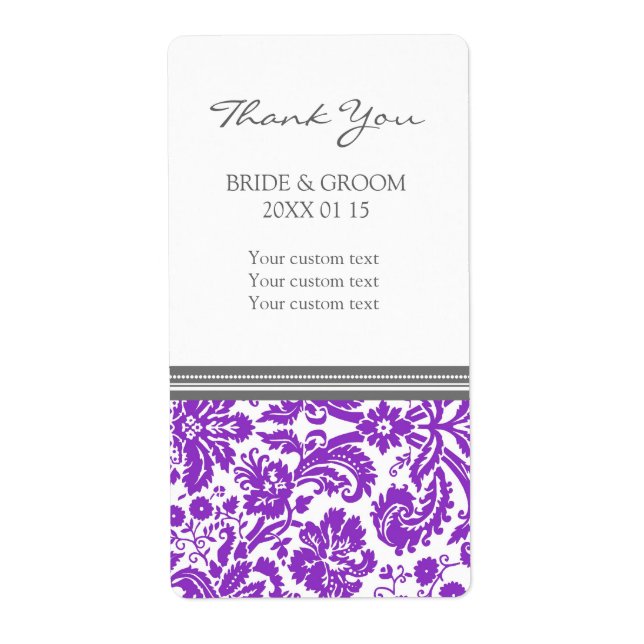 Grey Plum Damask Pattern Wedding Labels (Front)