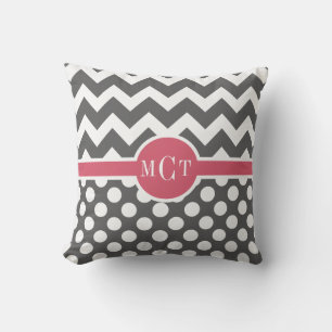 Grey Polka Dots Chevron Pattern Monogram Throw Pillow