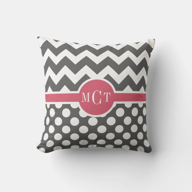 Grey Polka Dots Chevron Pattern Monogram Throw Pillow (Front)