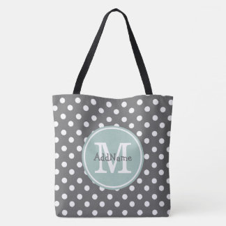 Grey Polka Dots, Mint Monogram & Personalized Name Tote Bag