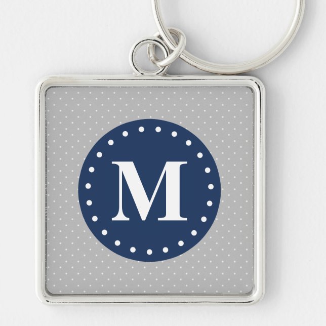 Grey Polka Dots Navy Blue Monogram Keychain (Front)