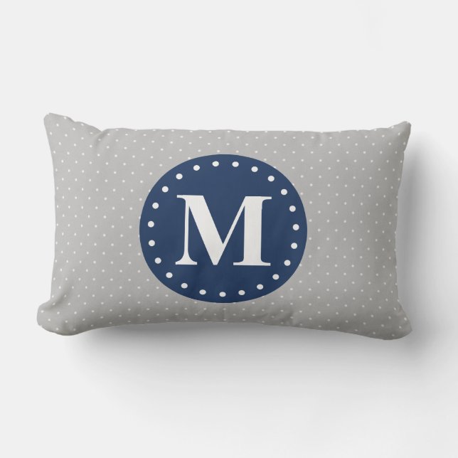 Grey Polka Dots Navy Blue Monogram Lumbar Pillow (Front)