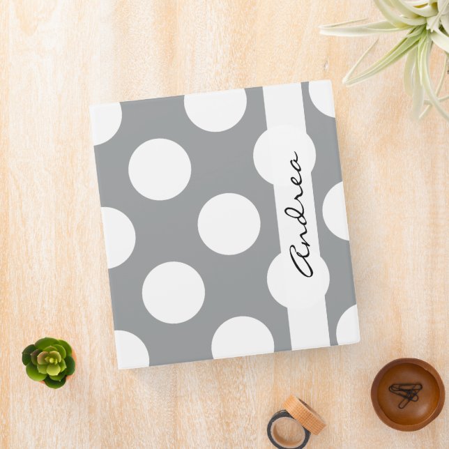 Grey Polka Dots, Polka Dot Pattern, Your Name Binder (In Situ)