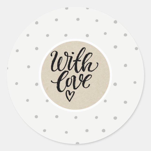 Grey Polka Dots White Rustic Kraft With Love Favou Classic Round Sticker (Front)