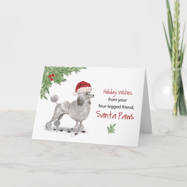 Grey Poodle Christmas From Dog in Funny Santa Hat Card (Front)