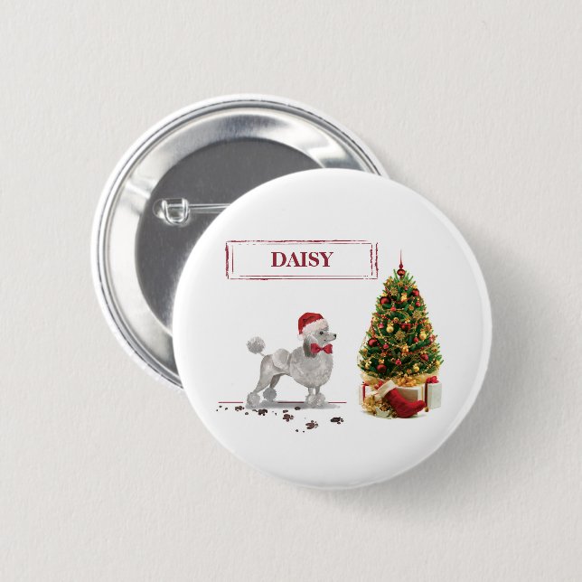 Grey Poodle Funny Christmas Dog with Tree 2 Inch Round Button (Front & Back)