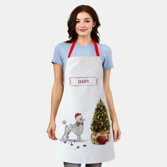 Grey Poodle Funny Christmas Dog with Tree Apron (Worn)