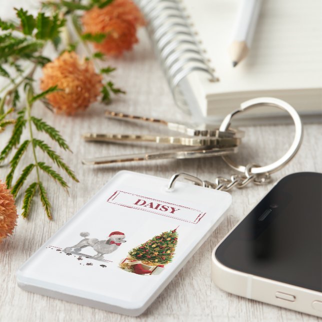 Grey Poodle Funny Christmas Dog with Tree Keychain (Front Right)