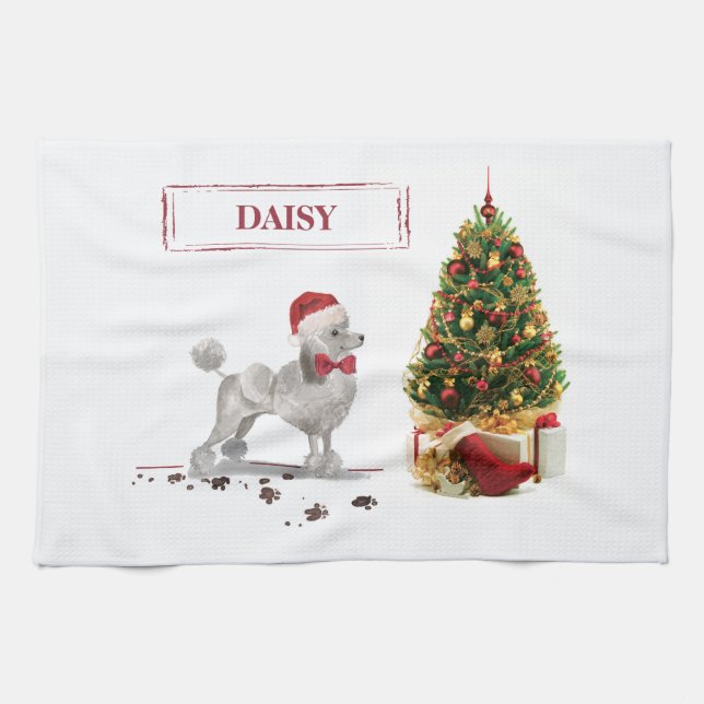 Grey Poodle Funny Christmas Dog with Tree Kitchen Towel (Horizontal)