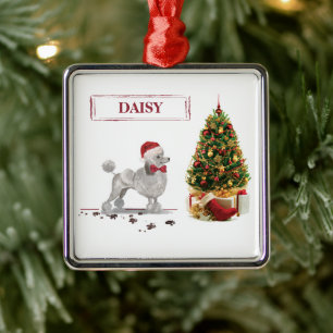 Grey Poodle Funny Christmas Dog with Tree Metal Ornament