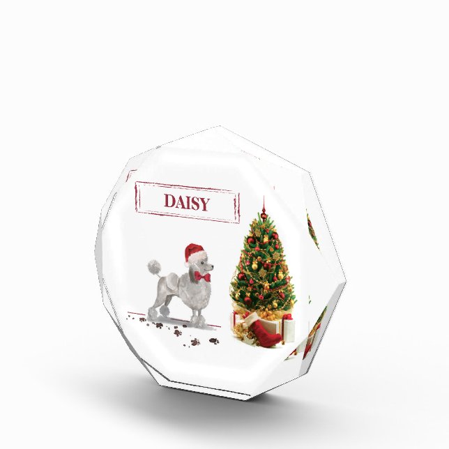 Grey Poodle Funny Christmas Dog with Tree Photo Block (Right)