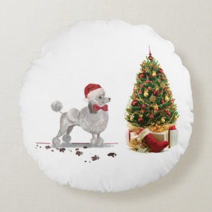 Grey Poodle Funny Christmas Dog with Tree Round Pillow