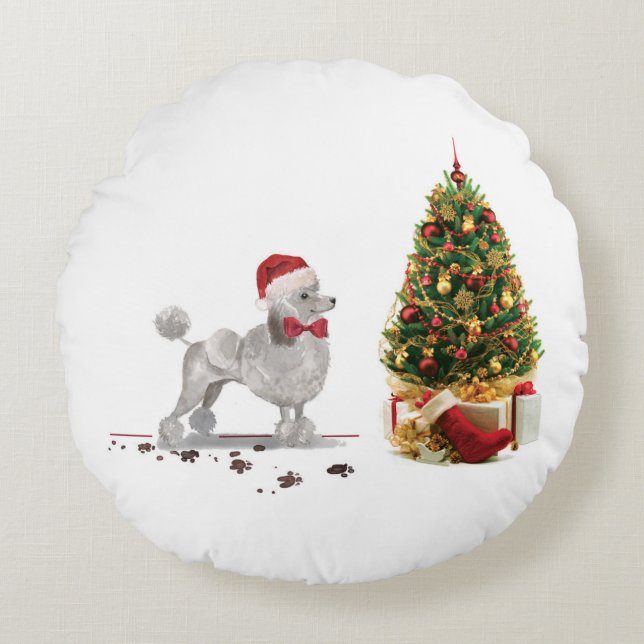 Grey Poodle Funny Christmas Dog with Tree Round Pillow (Front)