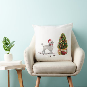 Grey Poodle Funny Christmas Dog with Tree Throw Pillow