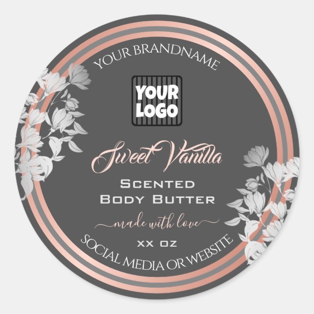 Grey Product Packaging Labels with Logo Rose Gold (Front)