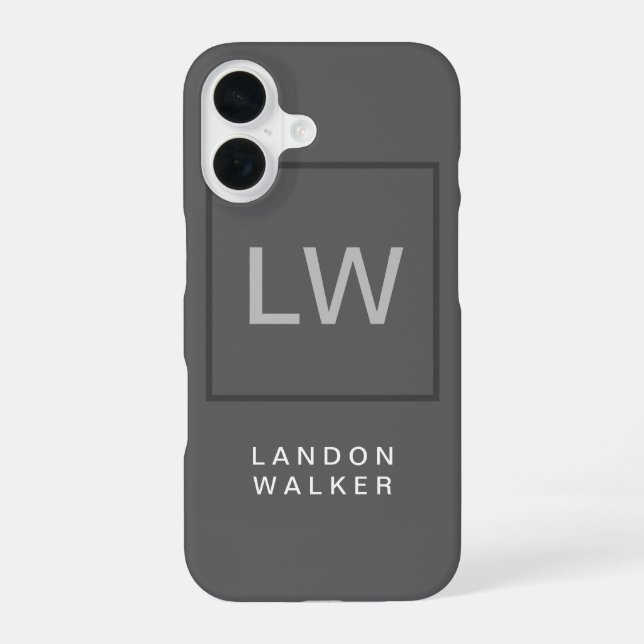 Grey professional simple modern initials monogram iPhone 16 case (Back)