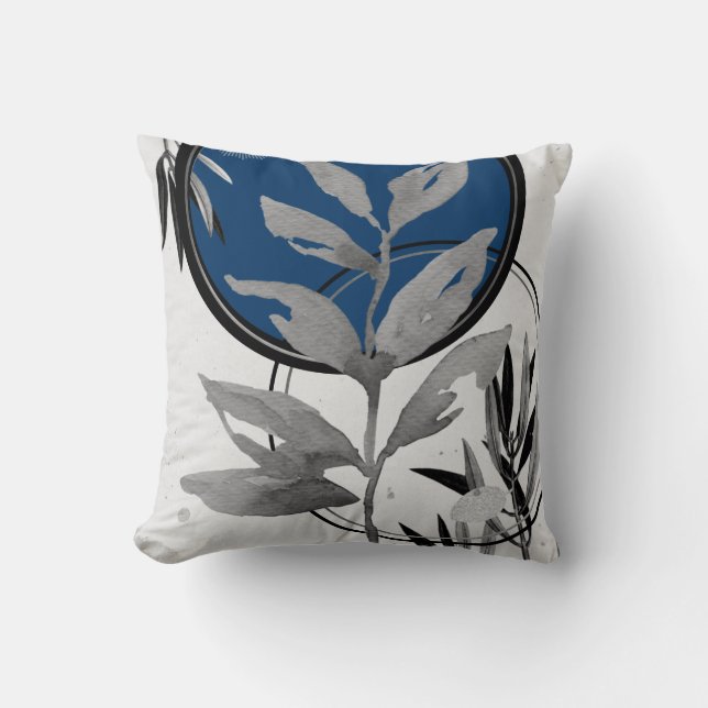 Grey & Prussian Blue Abstract Watercolor Leaf Throw Pillow (Front)