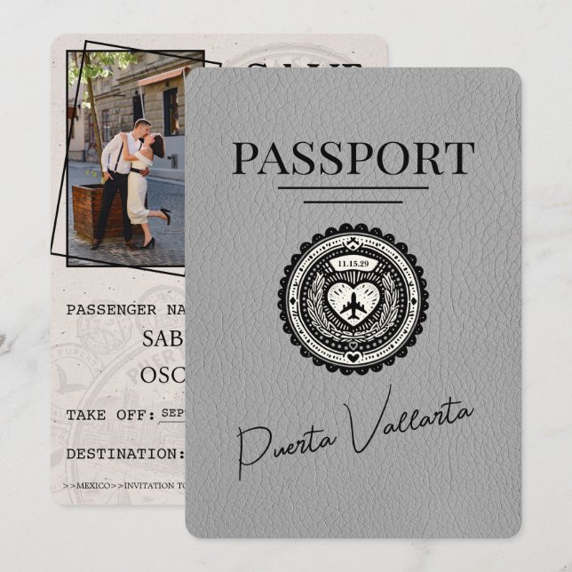 Grey Puerta Vallarta Passport Save The Date (Front/Back)