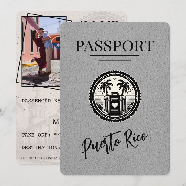 Grey Puerto Rico Passport Save The Date (Front/Back)