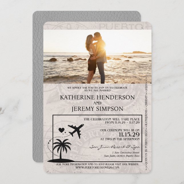 Grey Puerto Rico Passport Wedding Invitation (Front/Back)