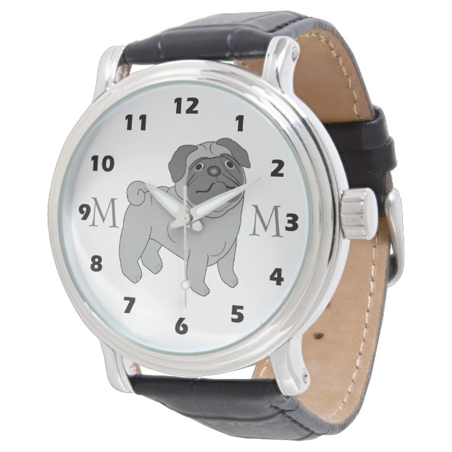 Grey Pug Dog Design Monogrammed Watch (Angled)