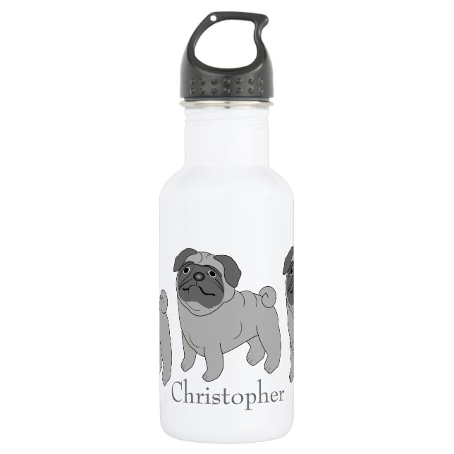Grey Pug Dog Design Personalised 532 Ml Water Bottle (Front)