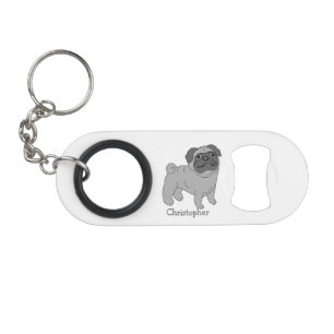 Grey Pug Dog Design Personalised Keychain Bottle Opener