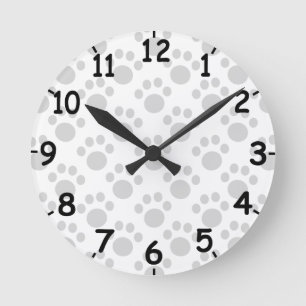 Grey Puppy Paw Print Pattern Round Clock