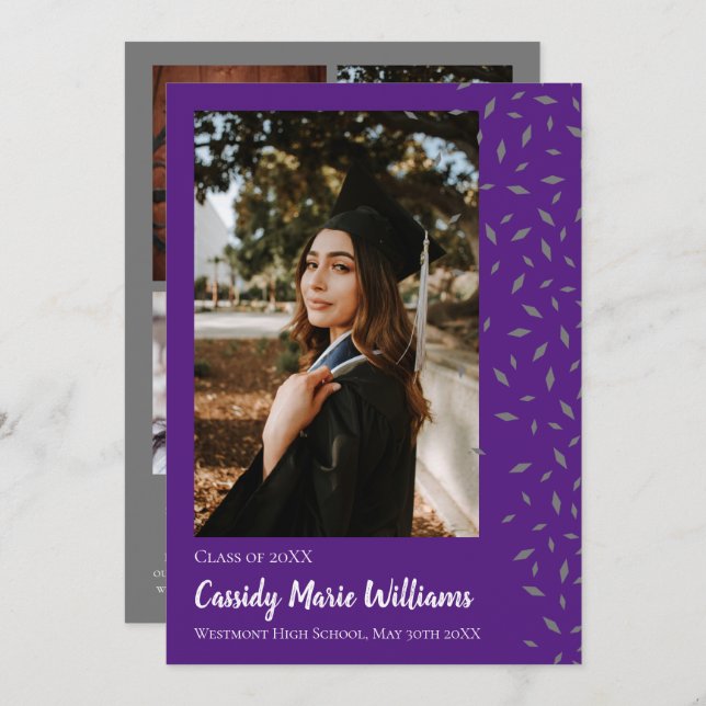 Grey Purple Confetti Graduation Announcement (Front/Back)