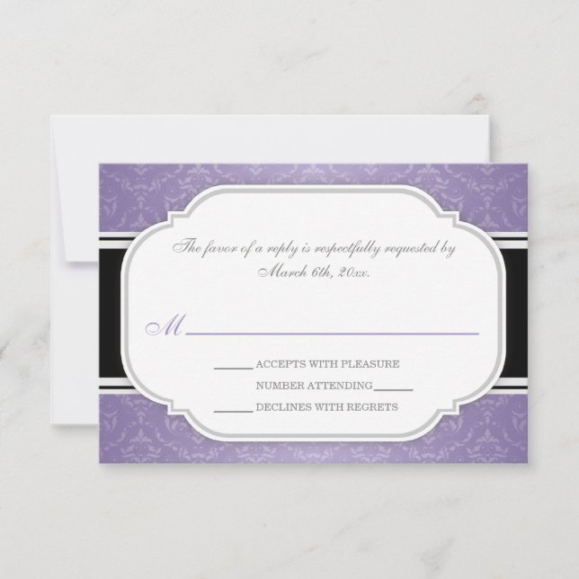 Grey & Purple Damask Wedding Reception RSVP Cards (Front)