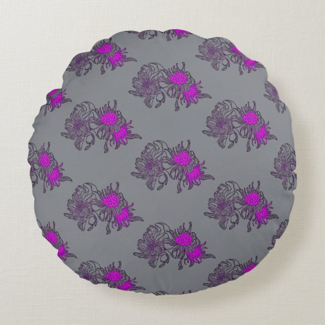 Grey Purple Floral Round Pillow (Front)